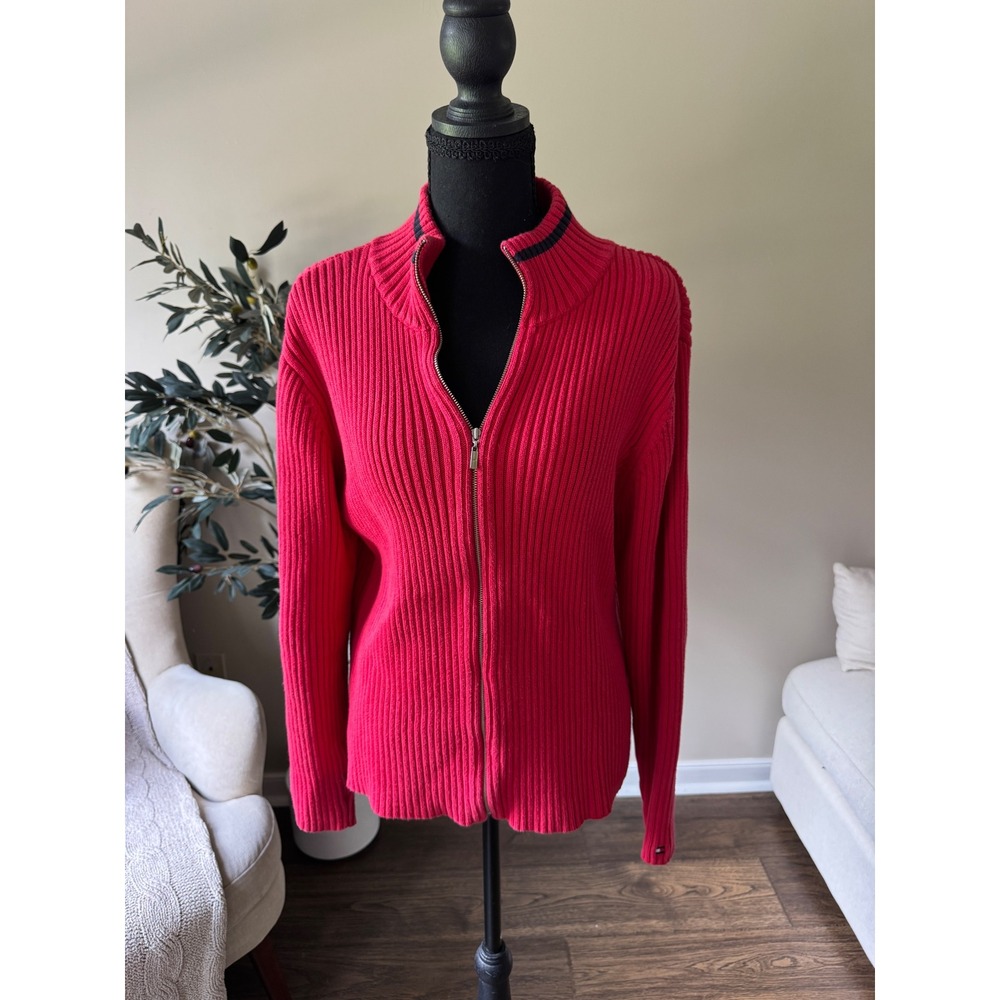 Tommy Hilfiger Red Ribbed Full Zip Cardigan Sweater Mock Neck XL